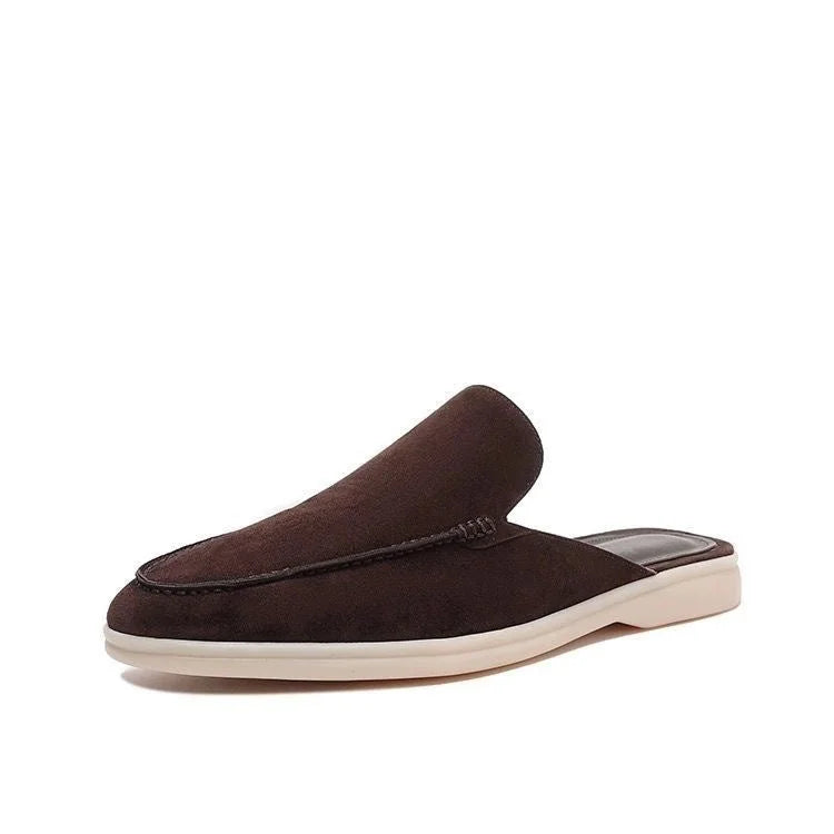 Dark Brown Men's Suede Backless Slip-On Loafers — Hunter Casual Mule Style - Diagonal Angle