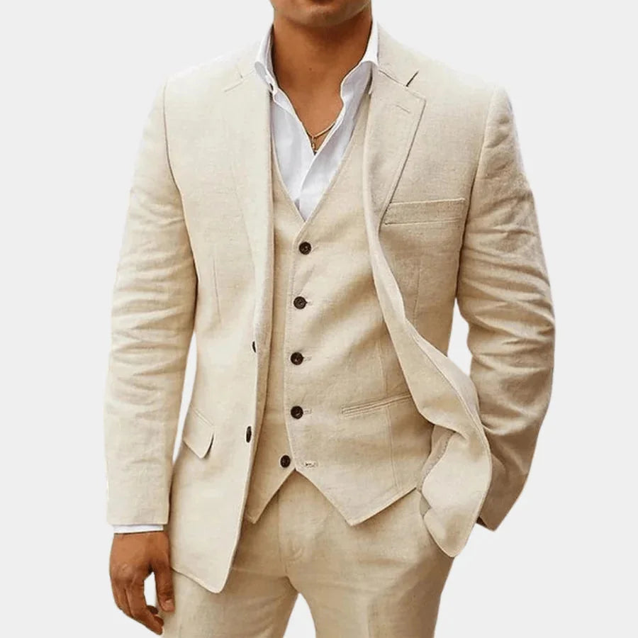 Beige Men's Three-Piece Linen Wedding Suit — Wyatt Formal Lapel - Front Full