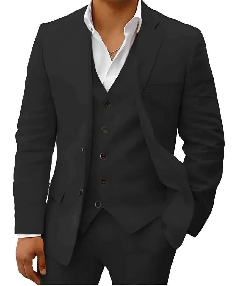 Black Men's Three-Piece Linen Wedding Suit — Wyatt Formal Lapel - Formal