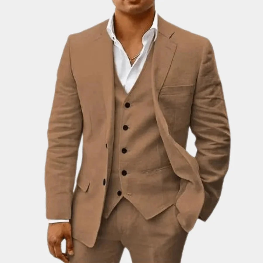 Brown Men's Three-Piece Linen Wedding Suit — Wyatt Formal Lapel - Front Pose
