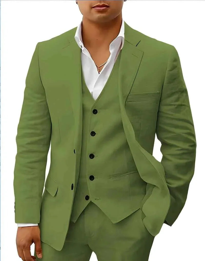 Green Men's Three-Piece Linen Wedding Suit — Wyatt Formal Lapel - Front Styled