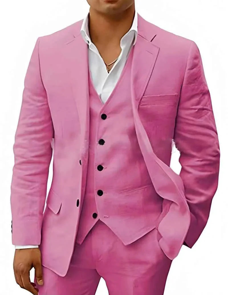 Hot Pink Men's Three-Piece Linen Wedding Suit — Wyatt Formal Lapel - Bright Front