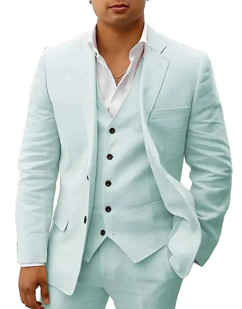 Light Gray Men's Three-Piece Linen Wedding Suit — Wyatt Formal Lapel - Neutral Front