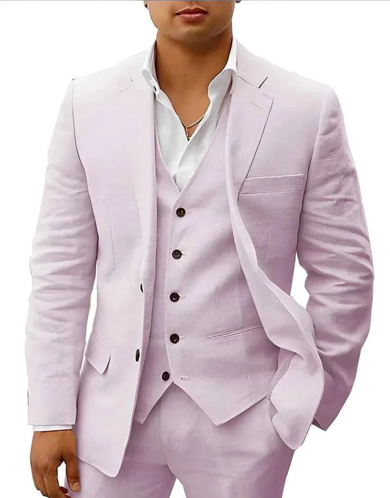 Light Pink Men's Three-Piece Linen Wedding Suit — Wyatt Formal Lapel - Studio Front