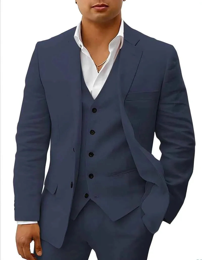Navy Blue Men's Three-Piece Linen Wedding Suit — Wyatt Formal Lapel - Formal Front