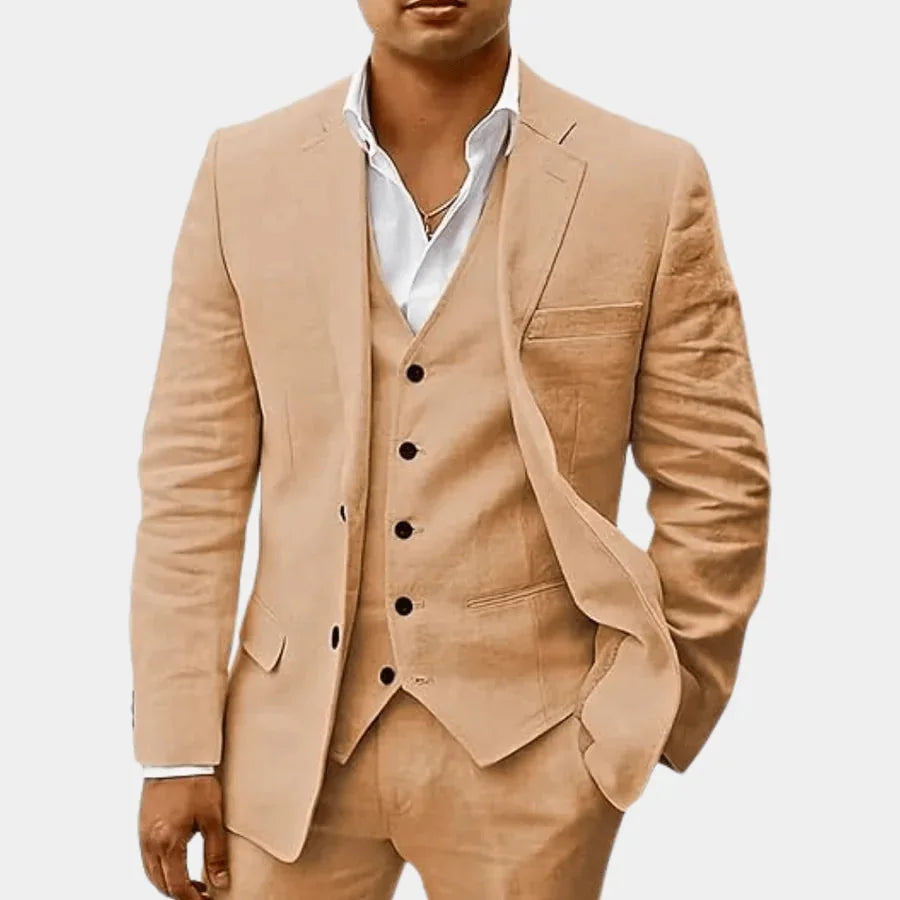 Tan Men's Three-Piece Linen Wedding Suit — Wyatt Formal Lapel - Classic Front