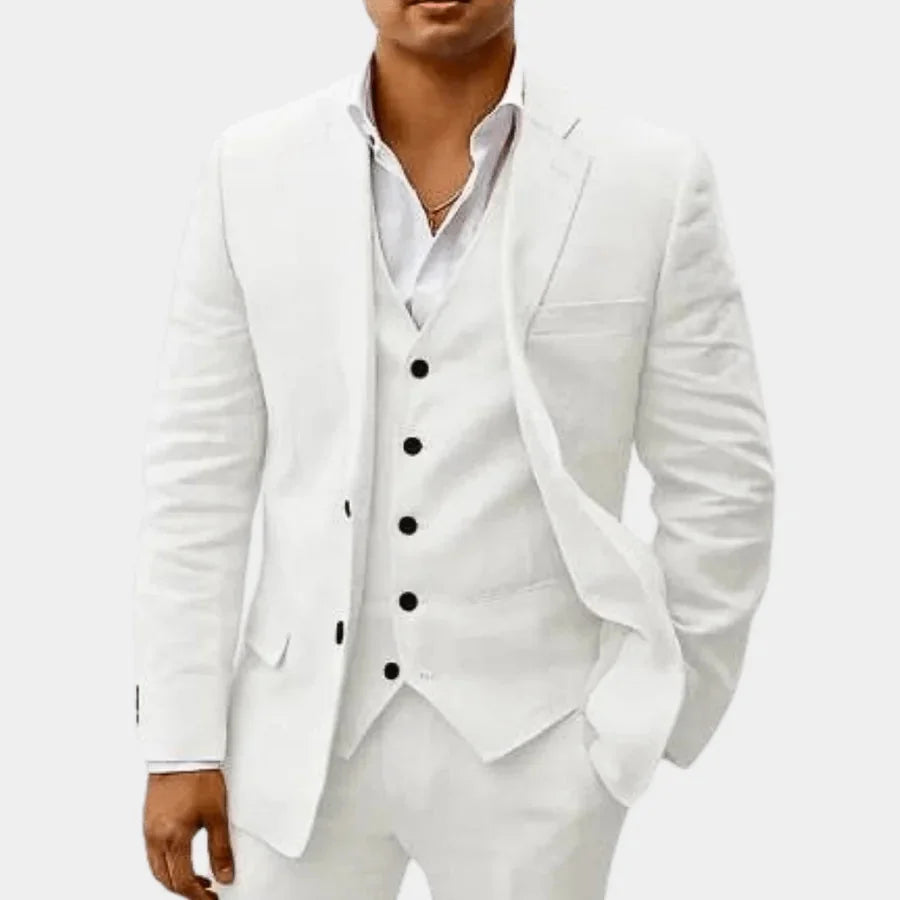 White Men's Three-Piece Linen Wedding Suit — Wyatt Formal Lapel - Clean Front