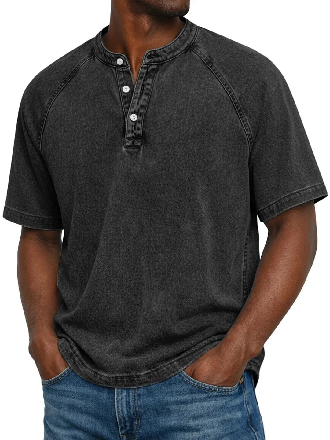 Black Men's Washed Henley Shirt — Finn Short Sleeve Casual - Front Relaxed