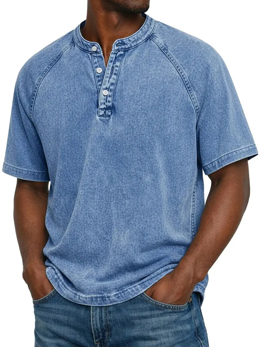 Blue Men's Washed Henley Shirt — Finn Short Sleeve Casual - Front Pose