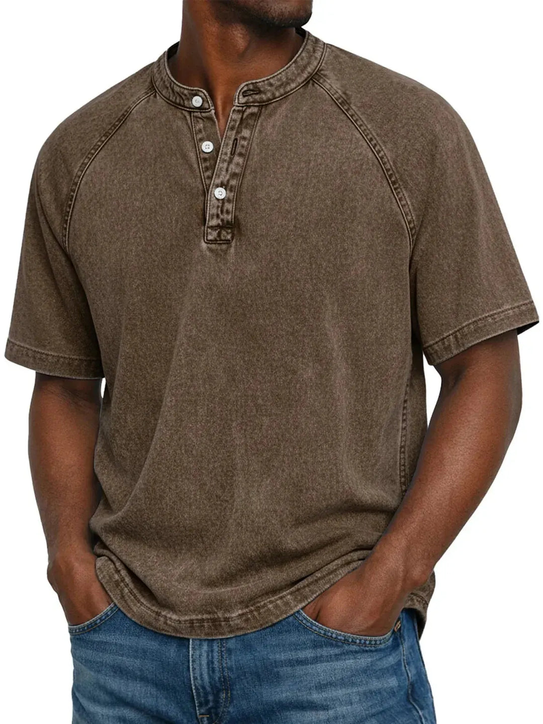 Brown Men's Washed Henley Shirt — Finn Short Sleeve Casual - Front Worn