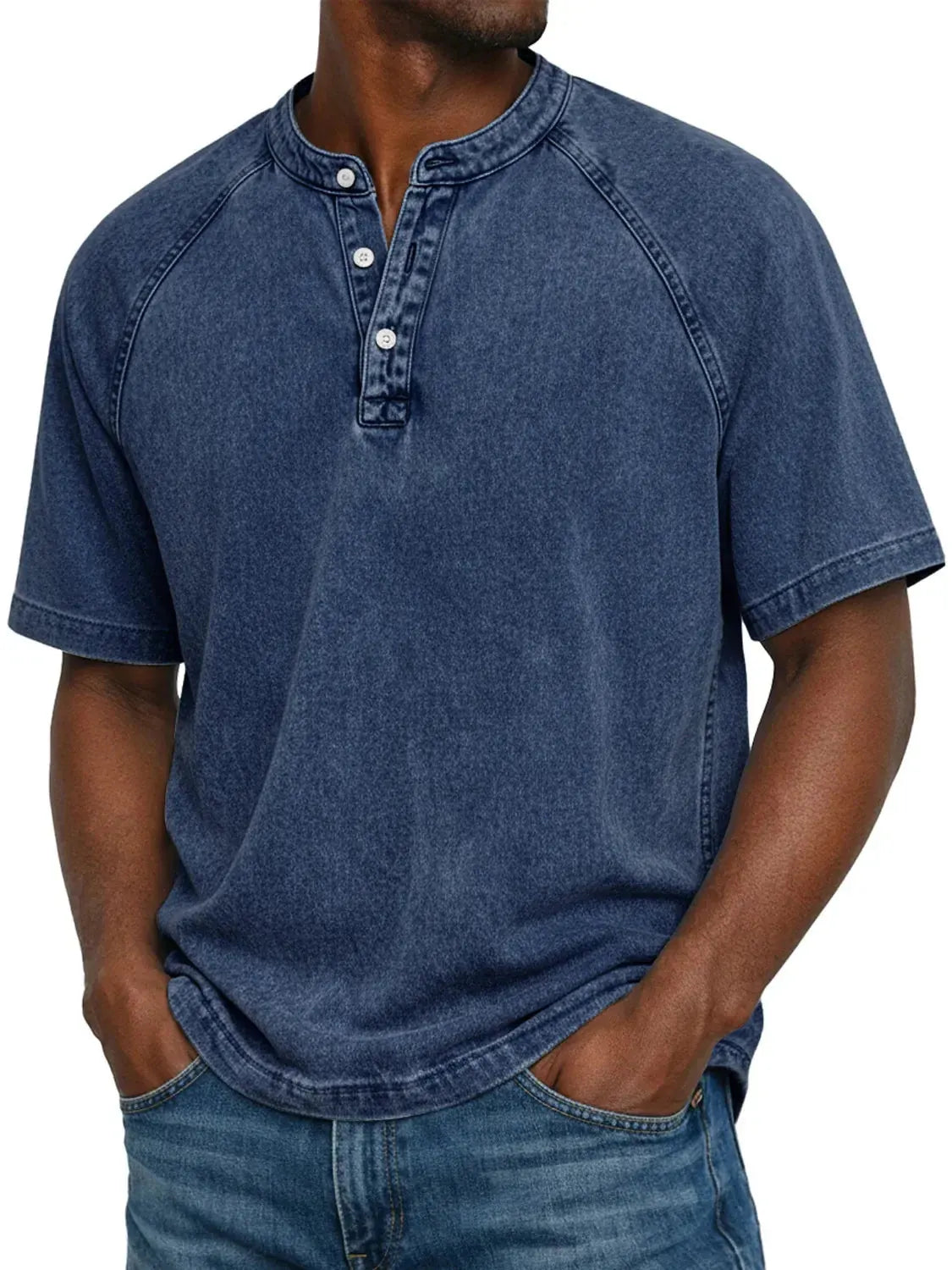 Dark Blue Men's Washed Henley Shirt — Finn Short Sleeve Casual - Front Casual