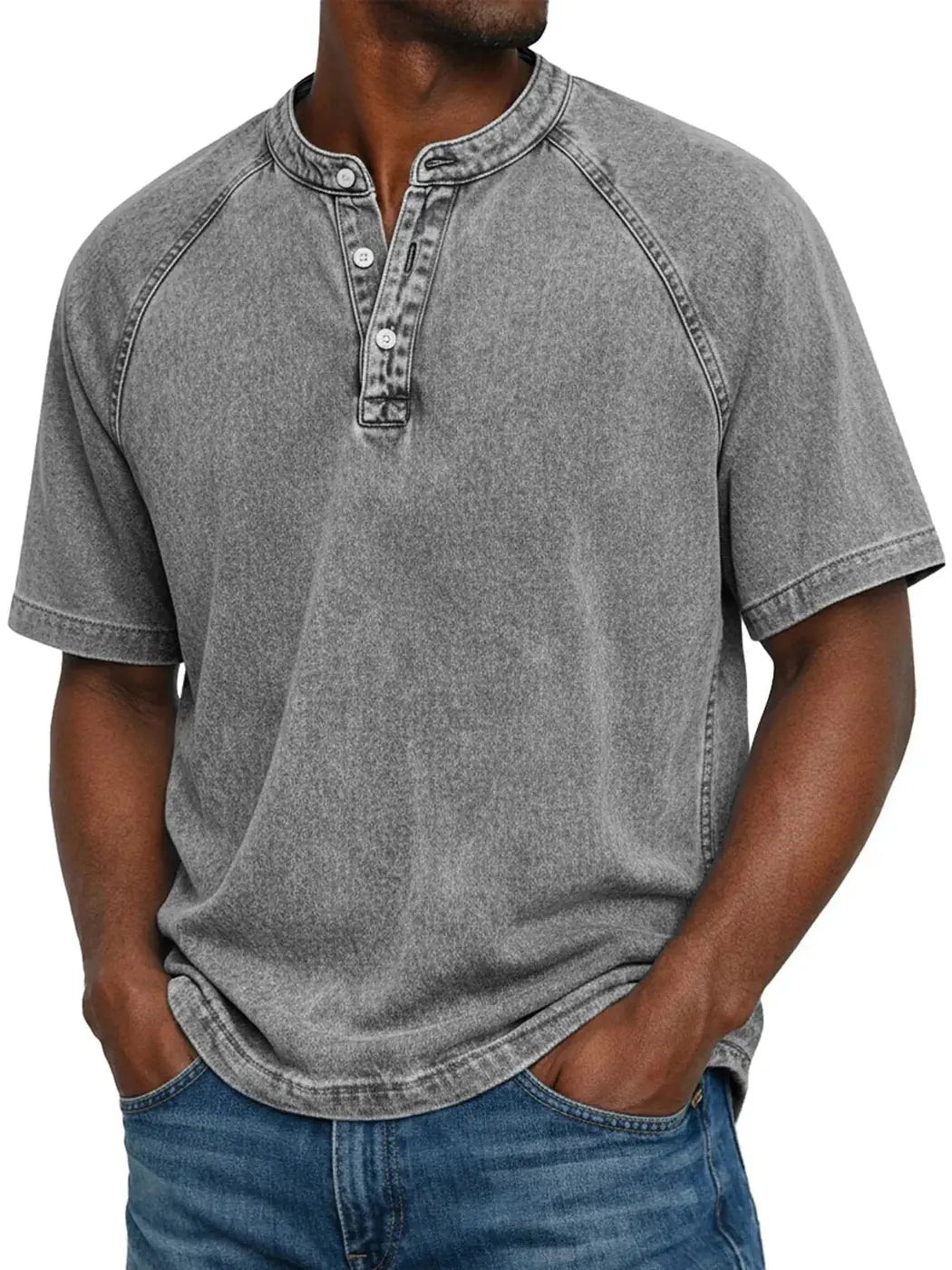 Gray Men's Washed Henley Shirt — Finn Short Sleeve Casual - Front Studio