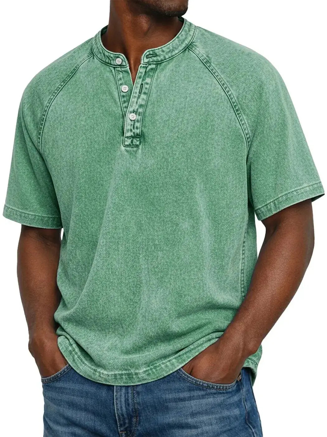 Green Men's Washed Henley Shirt — Finn Short Sleeve Casual - Front Lifestyle