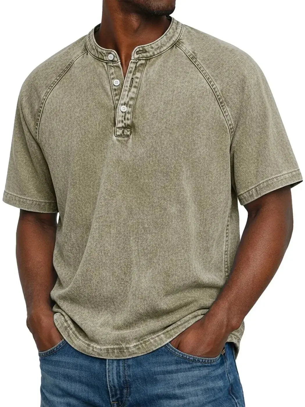 Khaki Men's Washed Henley Shirt — Finn Short Sleeve Casual - Front Natural