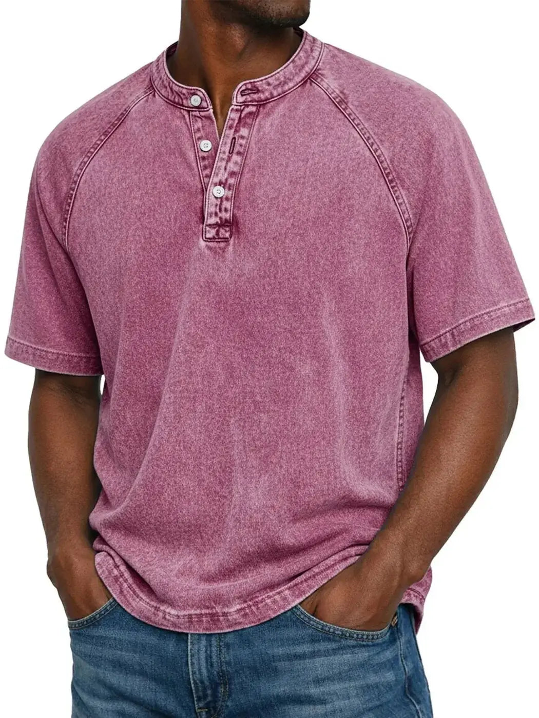 Pink Men's Washed Henley Shirt — Finn Short Sleeve Casual - Front Model