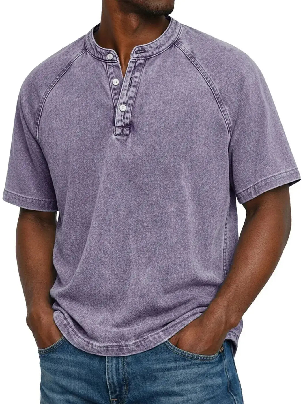 Purple Men's Washed Henley Shirt — Finn Short Sleeve Casual - Front Full