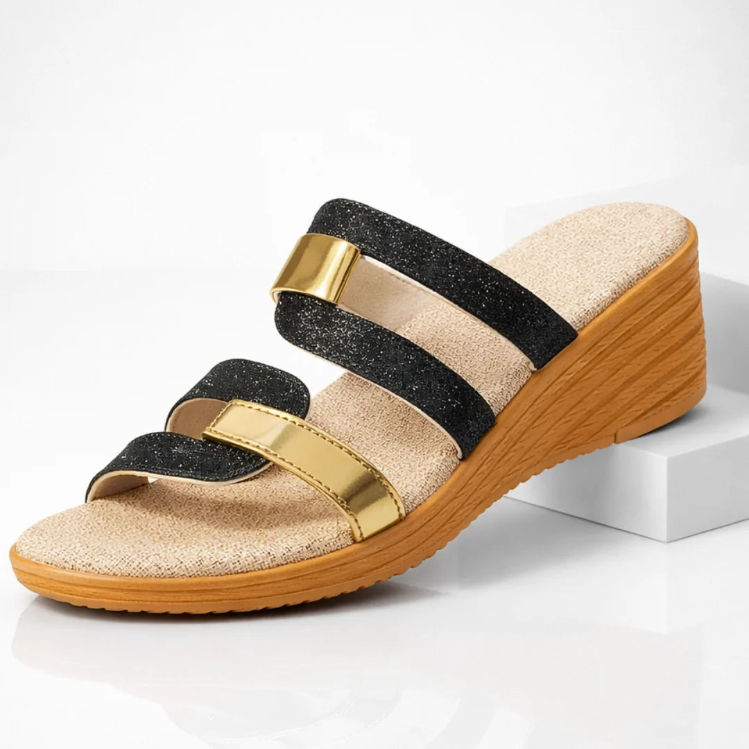 Midnight Women's Metallic Slide Sandals — Zora Sparkle Wedge Platform - Gleam Product Shot