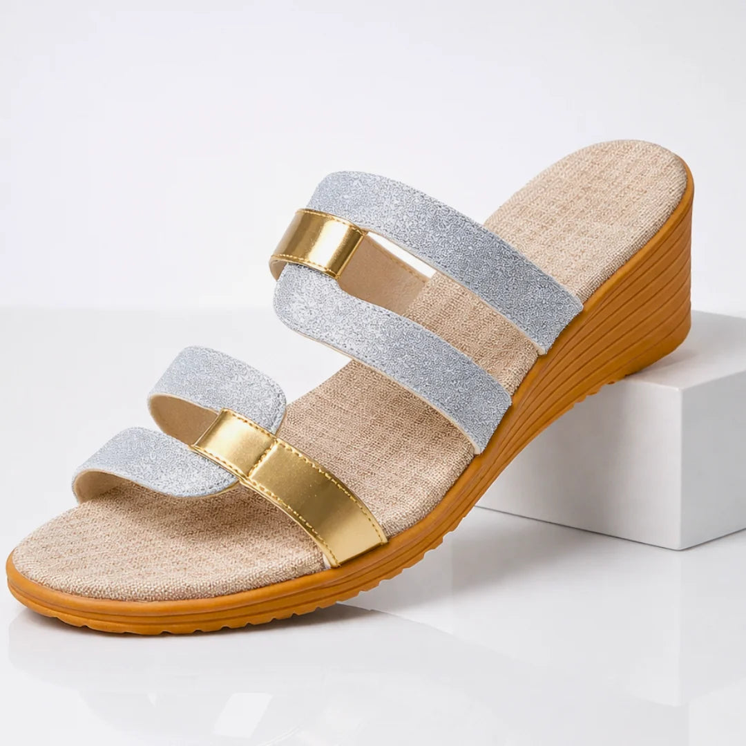 Silver Women's Metallic Slide Sandals — Zora Sparkle Wedge Platform - Veil Flat Lay