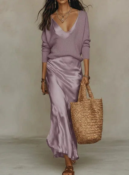 Lilac Women's Midi Satin Dress with Included Sweater — Jamie V-Neck Two-Piece - Studio Pose
