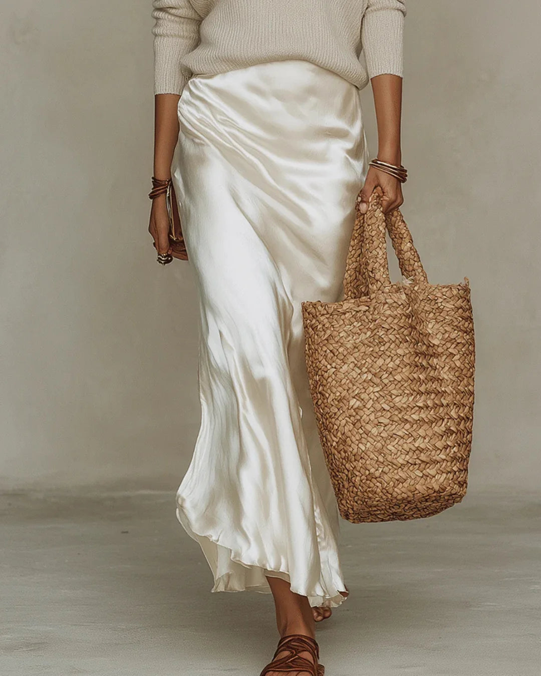 White Women's Midi Satin Dress with Included Sweater — Jamie V-Neck Two-Piece - Close Up Fabric