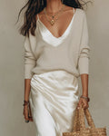 Women's Midi Satin Dress with Included Sweater — Jamie V-Neck Two-Piece