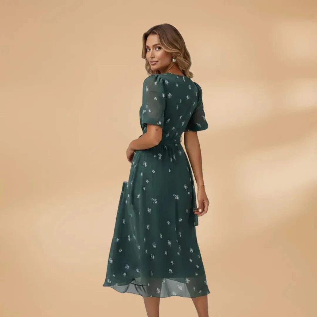 Grace | Chic Midi Wrap Dress with V - Neck and Tie Waist - Dark Green - 3