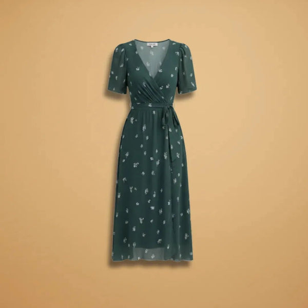 Grace | Chic Midi Wrap Dress with V - Neck and Tie Waist - Dark Green - 1