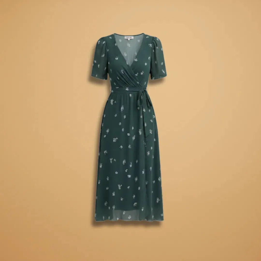 Grace | Chic Midi Wrap Dress with V - Neck and Tie Waist - Dark Green - 1