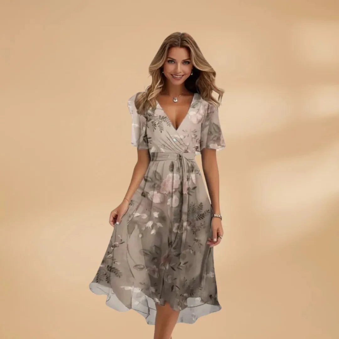 Grace | Chic Midi Wrap Dress with V - Neck and Tie Waist - Light Gray - 8