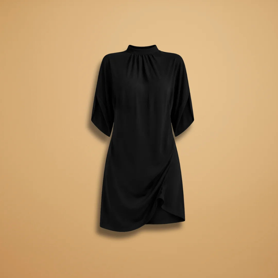 Black Women's Mock Neck Short Sleeve Shift Dress — Stella Wrap Hem - Flat Lay