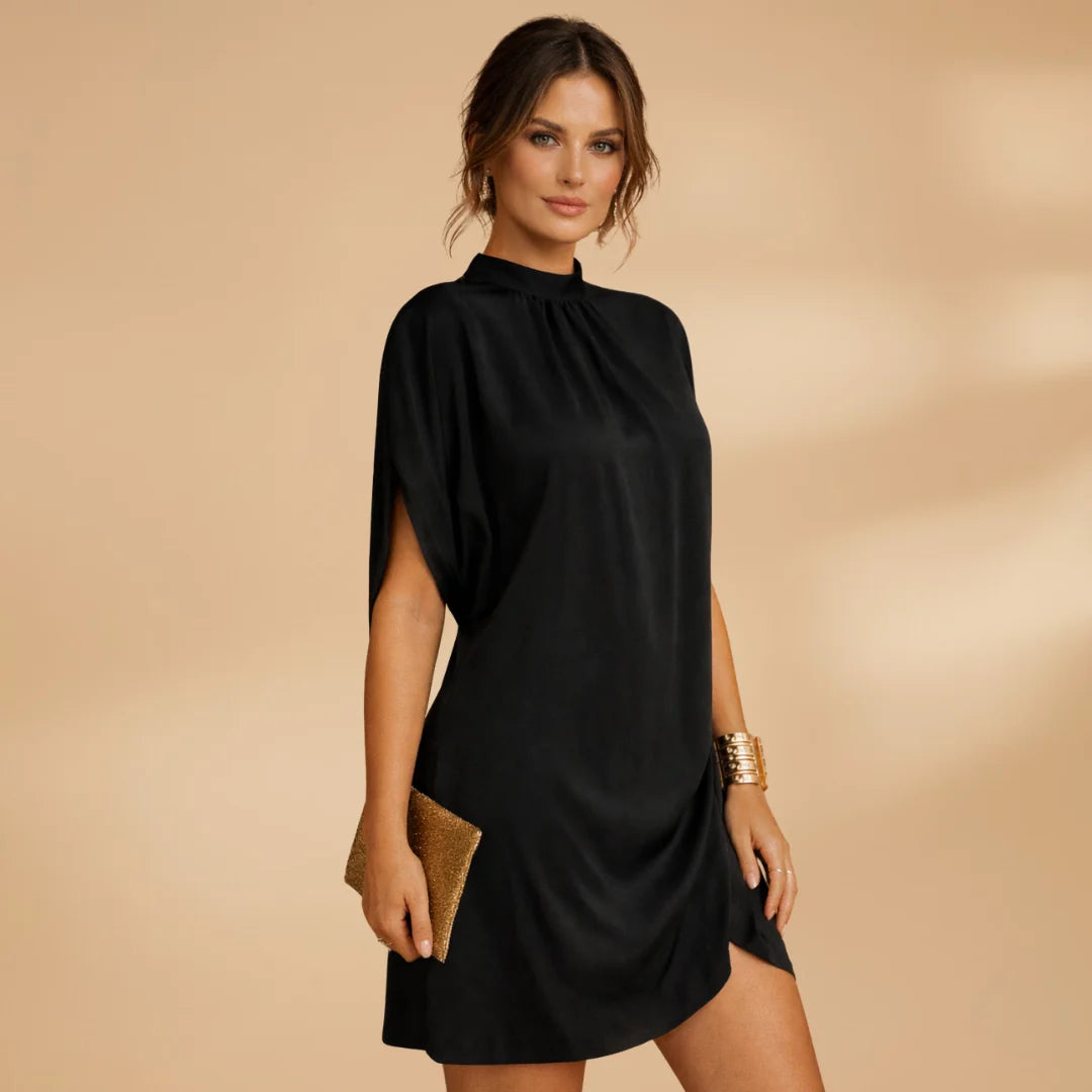 Black Women's Mock Neck Short Sleeve Shift Dress — Stella Wrap Hem - Front Full