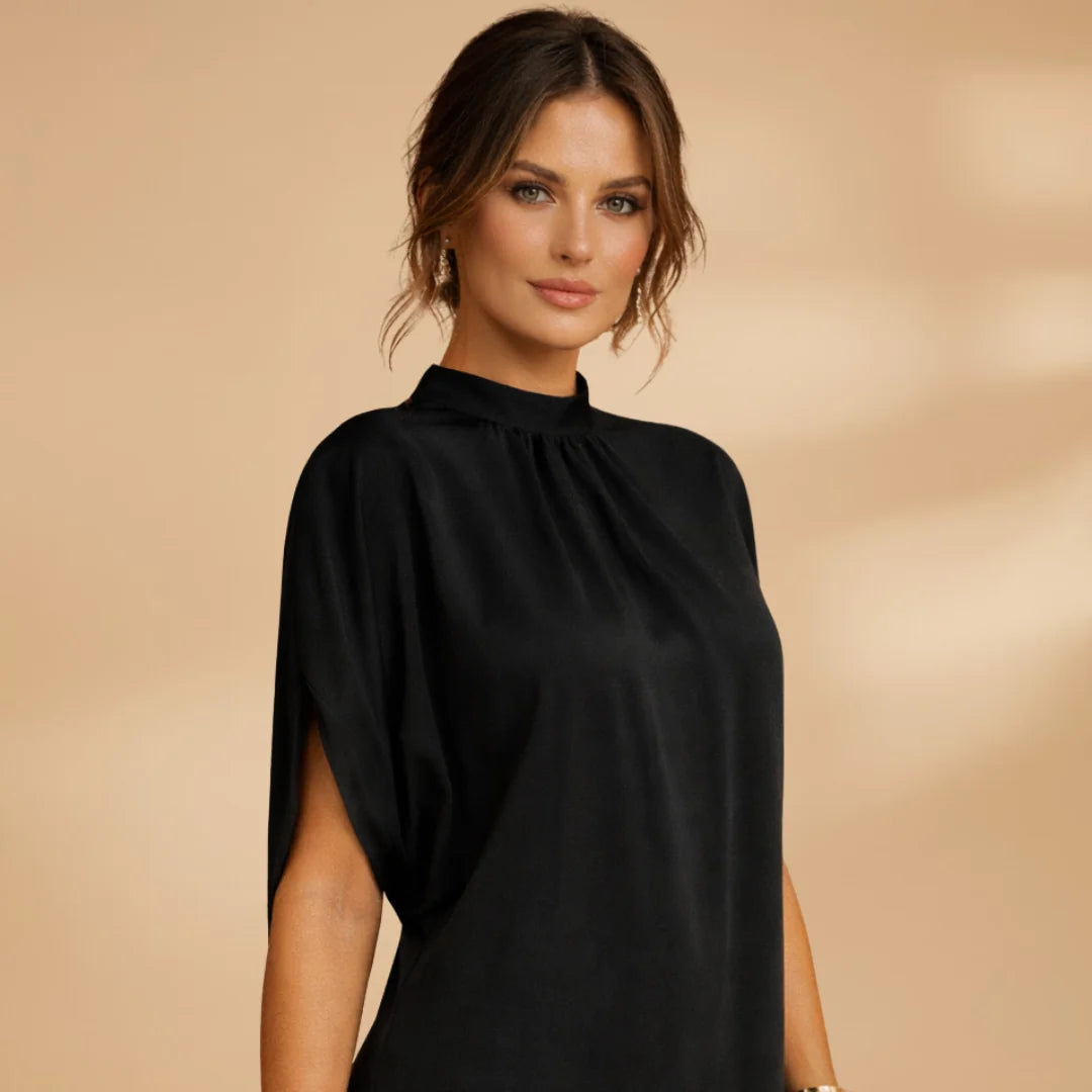 Black Women's Mock Neck Short Sleeve Shift Dress — Stella Wrap Hem - Front Pose
