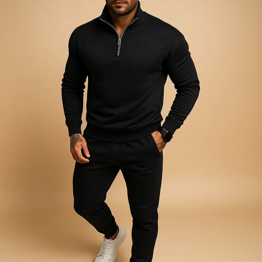 Black Men's Modern Tracksuit Set — Harvey Quarter-Zip Stretch Casual - Casual Stance