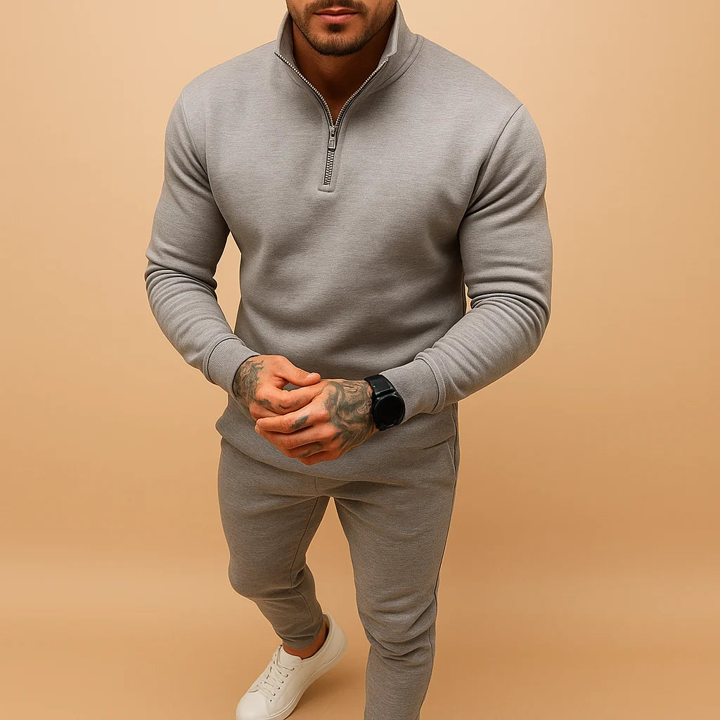 Grey Men's Modern Tracksuit Set — Harvey Quarter-Zip Stretch Casual - Front Pose