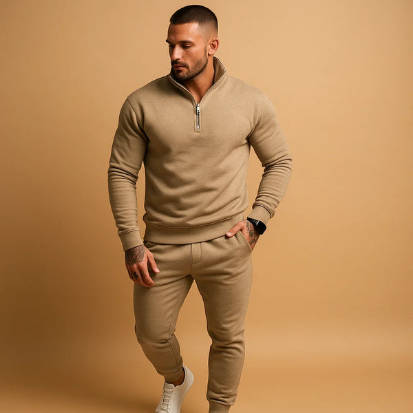 Khaki Men's Modern Tracksuit Set — Harvey Quarter-Zip Stretch Casual - Front Full