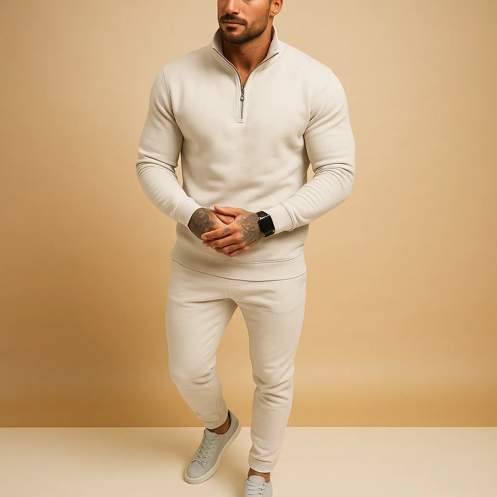 White Men's Modern Tracksuit Set — Harvey Quarter-Zip Stretch Casual - Hands Clasped