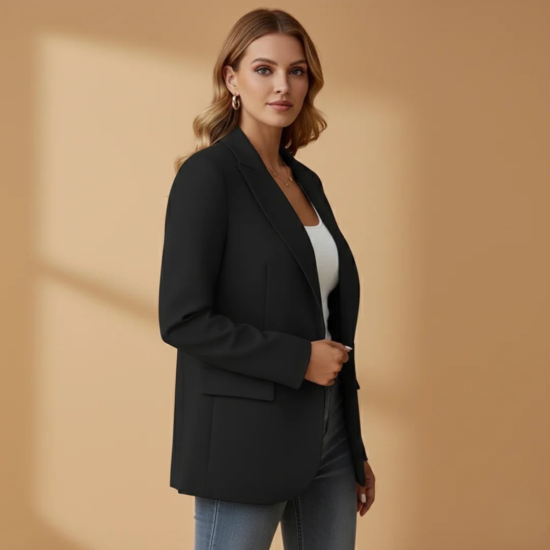 Black Stylish Women's Blazer with Notched Lapel - Three Quarter Pose