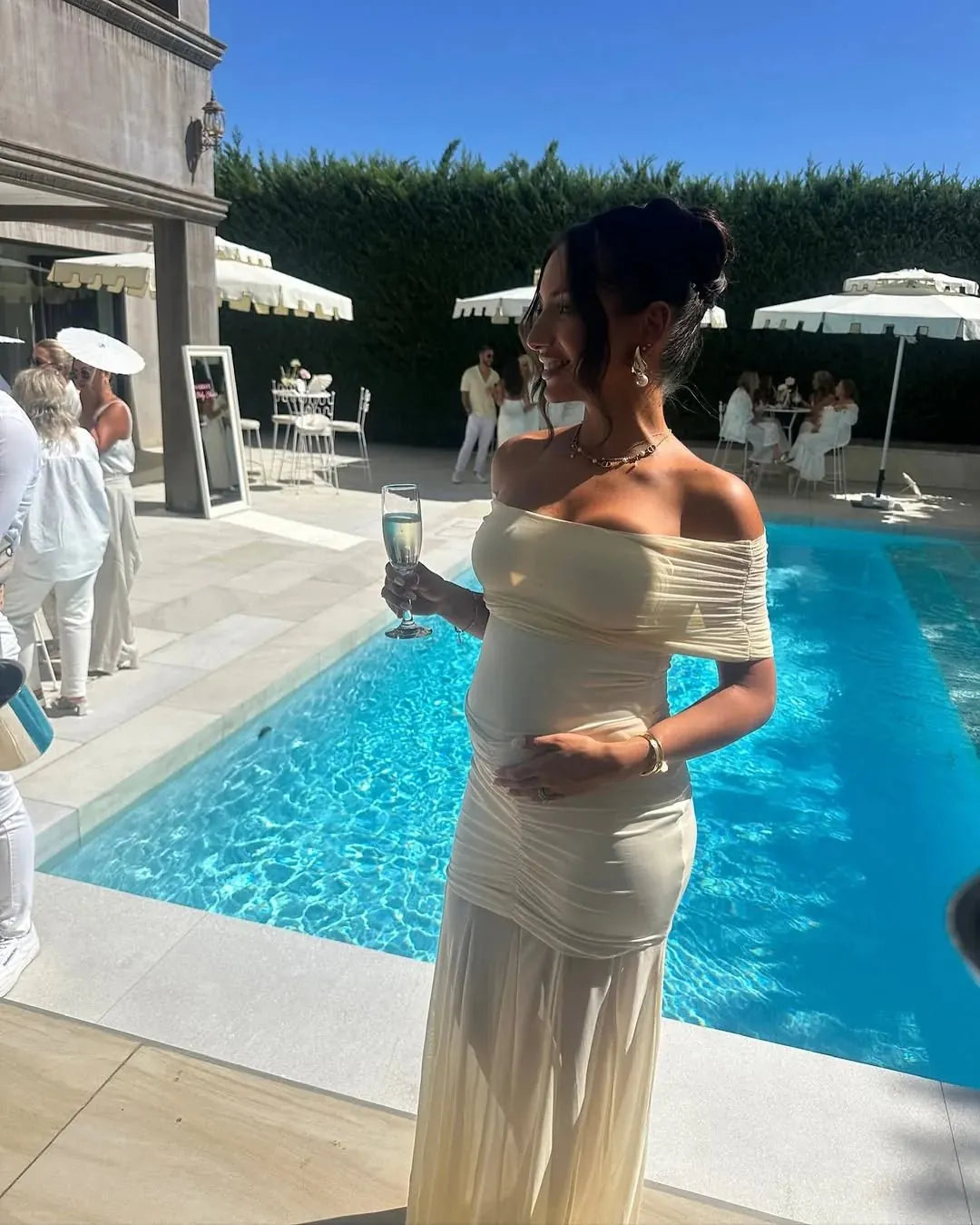 Cream Women's Black Off-Shoulder Wedding Guest Dress — Heather Tie Detail Bodycon - Poolside Pose