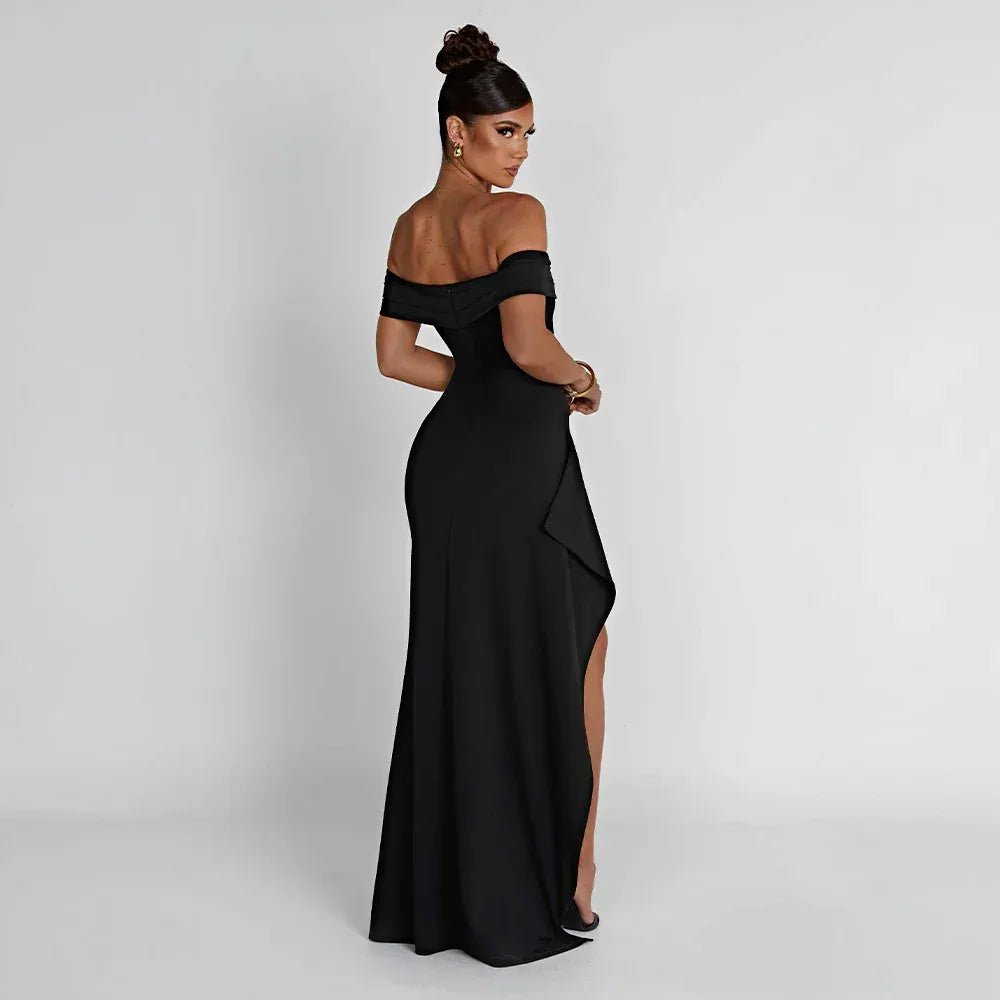 Rhea | Elegant Off Shoulder Maxi Dress with High Slit - Black - 14