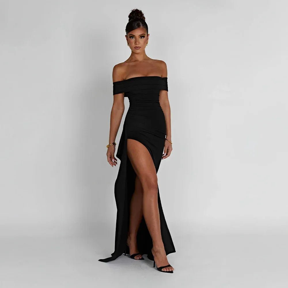 Rhea | Elegant Off Shoulder Maxi Dress with High Slit - Black - 13