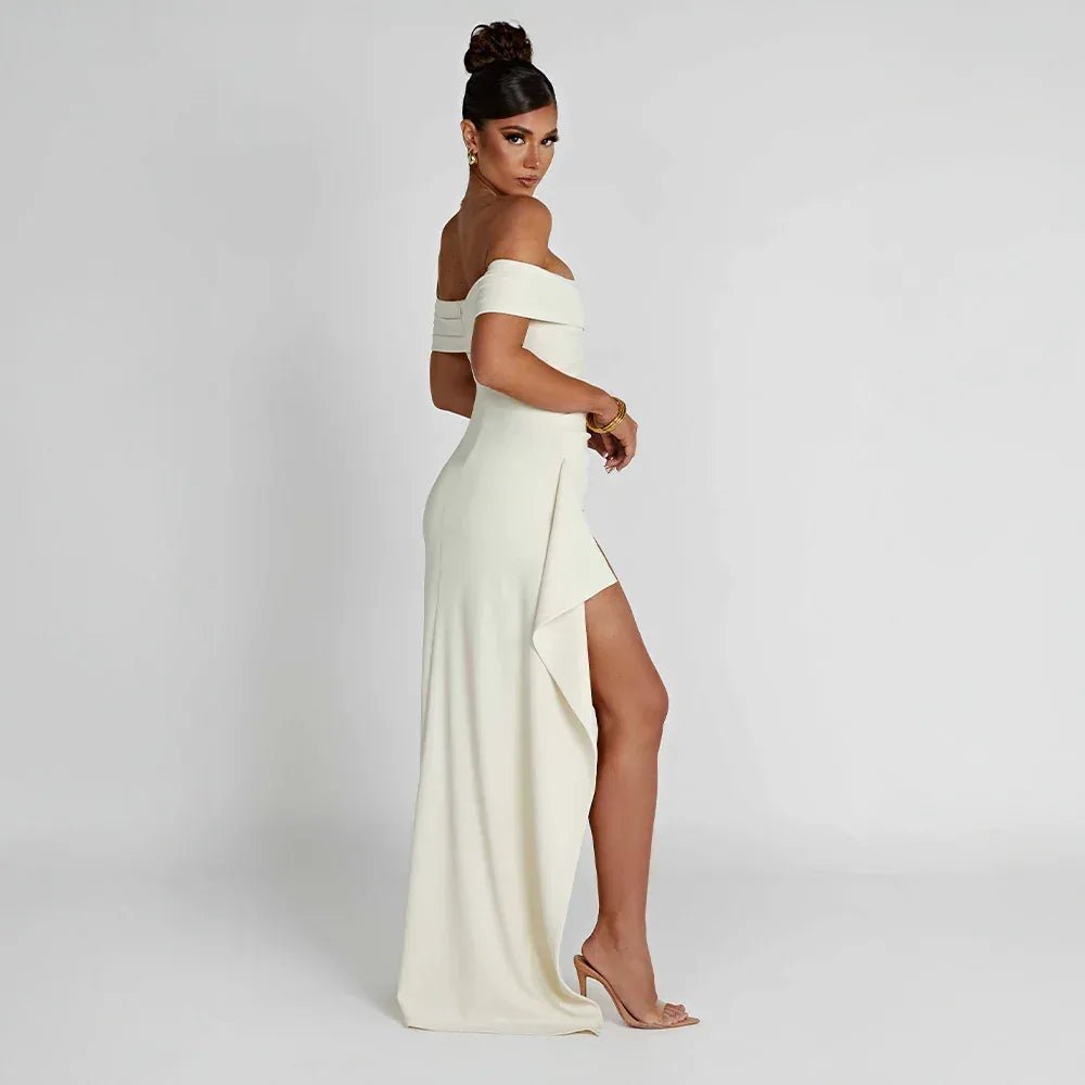 Rhea | Elegant Off Shoulder Maxi Dress with High Slit - Cream - 11