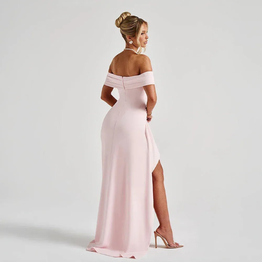 Rhea | Elegant Off Shoulder Maxi Dress with High Slit - Light Pink - 2