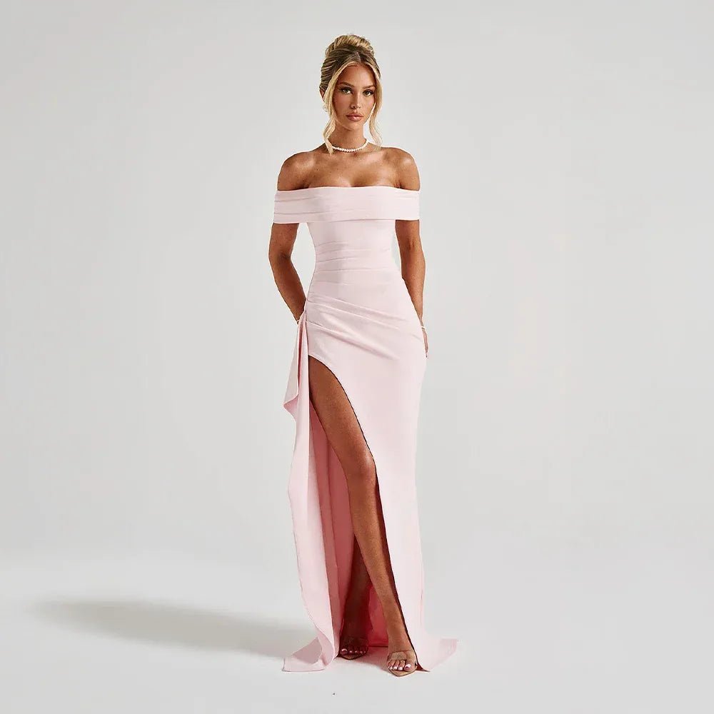 Rhea | Elegant Off Shoulder Maxi Dress with High Slit - Light Pink - 1