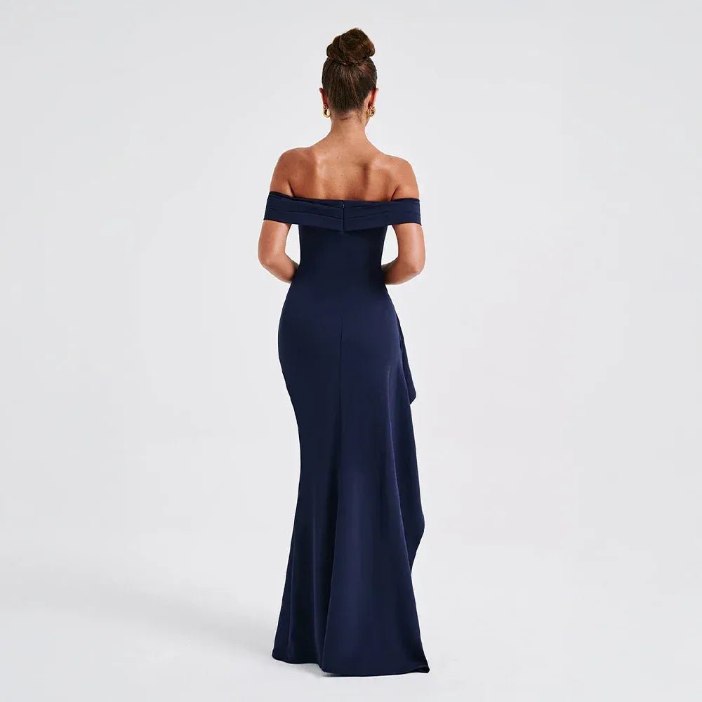 Rhea | Elegant Off Shoulder Maxi Dress with High Slit - Navy Blue - 5