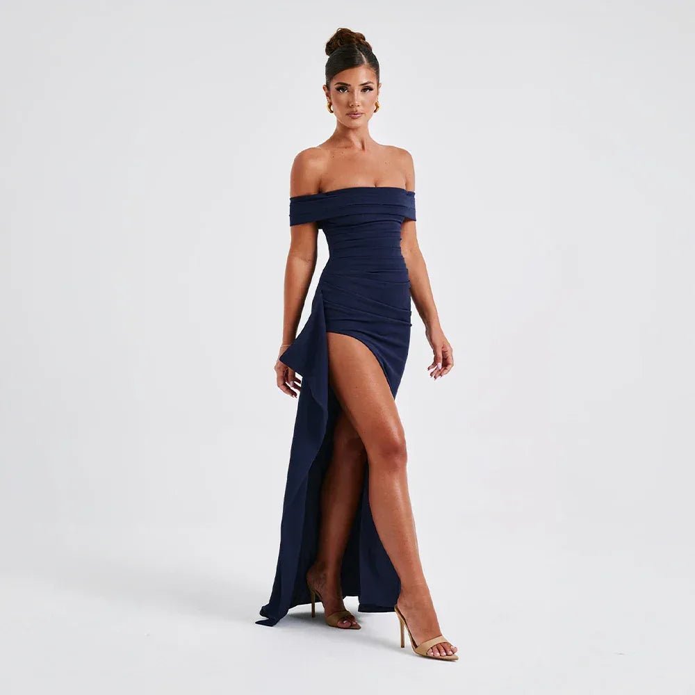 Rhea | Elegant Off Shoulder Maxi Dress with High Slit - Navy Blue - 4