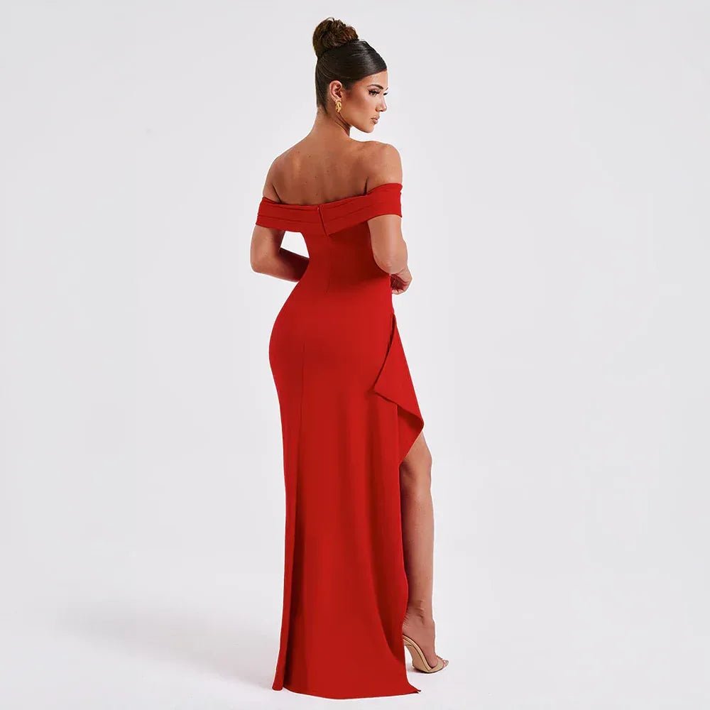 Rhea | Elegant Off Shoulder Maxi Dress with High Slit - Red - 9