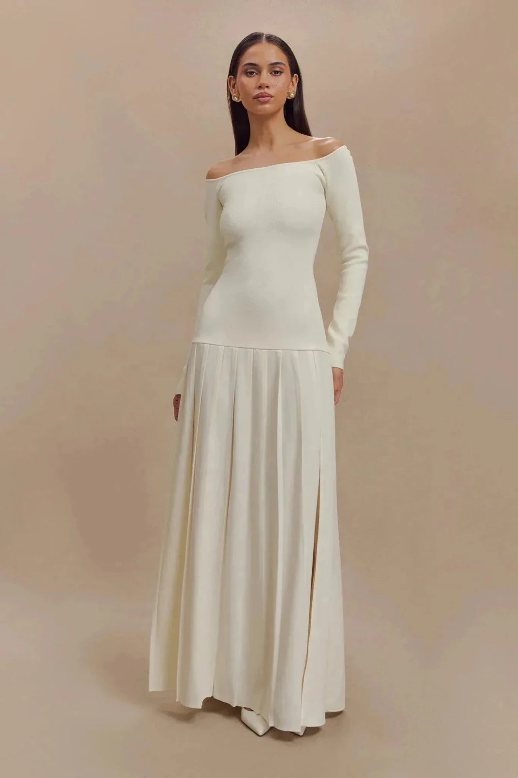 Alba | Elegant Off - Shoulder Long White Dress with Pleated Skirt - White - 1