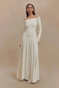 Alba | Elegant Off-Shoulder Long White Dress with Pleated Skirt