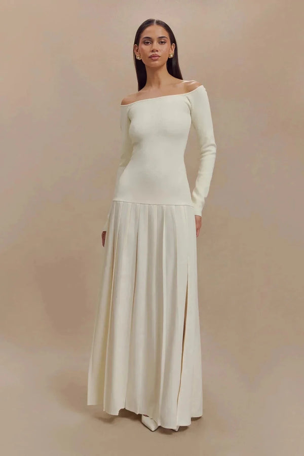 Alba | Elegant Off - Shoulder Long White Dress with Pleated Skirt - White - 1