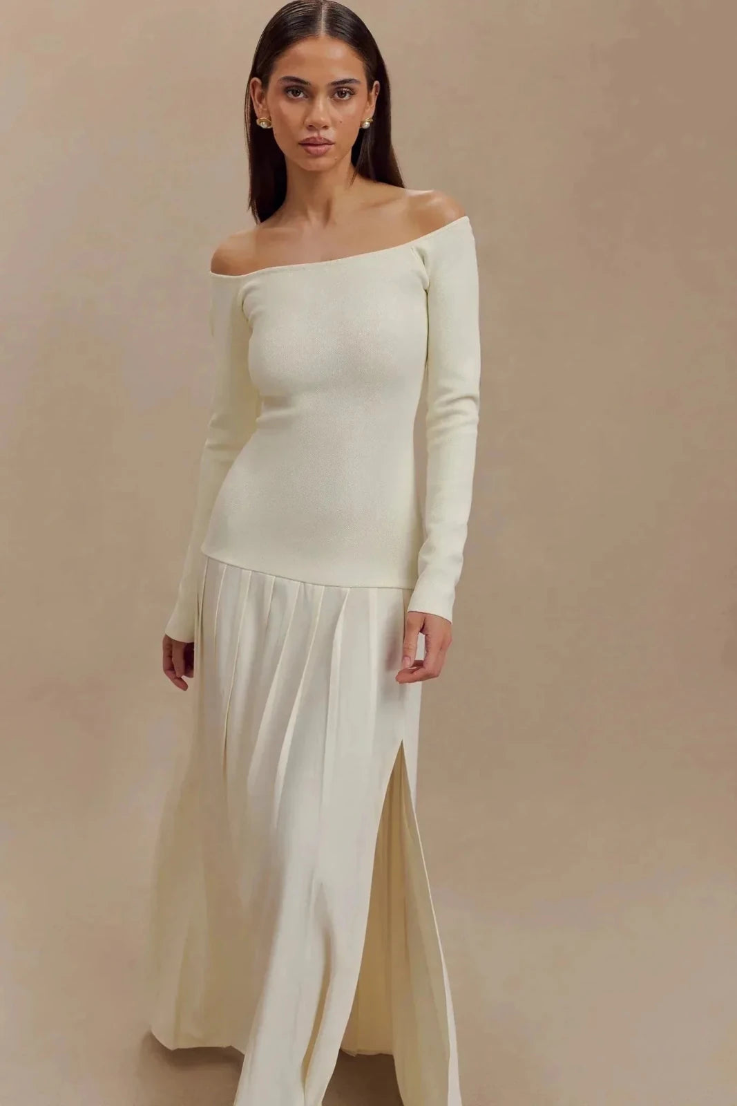 Alba | Elegant Off - Shoulder Long White Dress with Pleated Skirt - White - 4